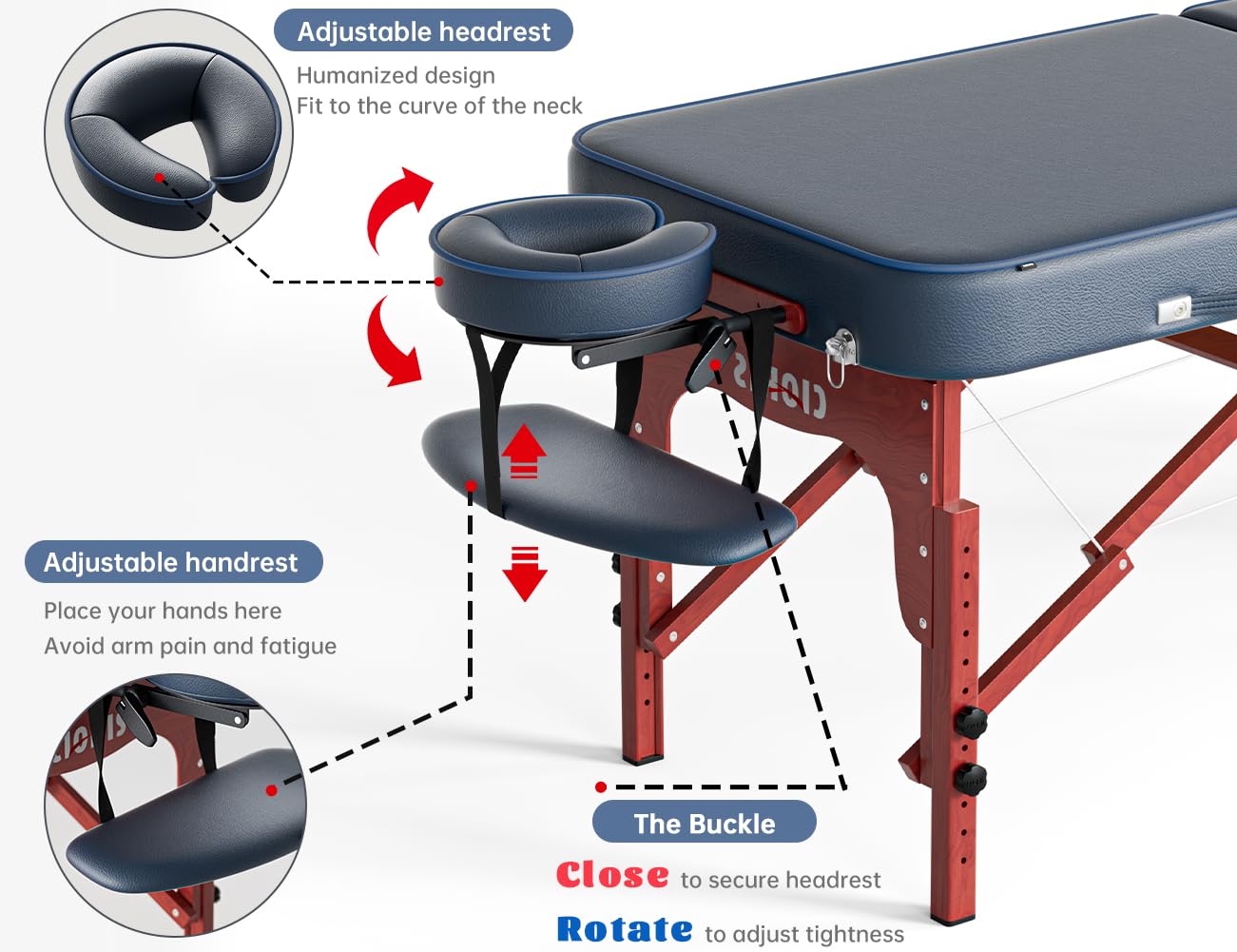 CLORIS 84" Professional Massage Table Portable Reinforced Wooden Leg Hold Up to 1100LBS 2 Folding Lightweight Spa Salon Tattoo Massage Bed Height Adjustable with Carrying Bag - Blue