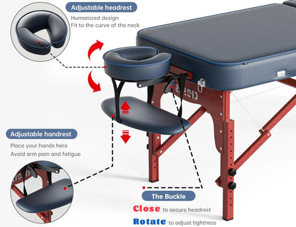CLORIS 84" Professional Massage Table Portable Reinforced Wooden Leg Hold Up to 1100LBS 2 Folding Lightweight Spa Salon Tattoo Massage Bed Height Adjustable with Carrying Bag - Blue