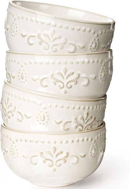 Artena Ceramic Dessert Bowls Set of 4 - 12 oz Embossed White Bowls for Ice Cream, Cereal & More | Microwave & Dishwasher Safe