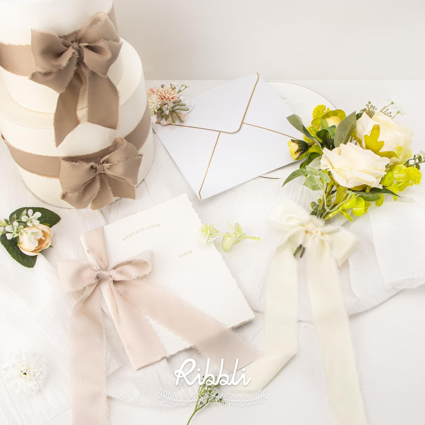 Ribbli Ivory Champagne Silk Satin Ribbon 1.5 Inch x 30 Yard Handmade Frayed Chiffon Ribbon for Gift Wrapping Wedding Invitations Bridal Bouquets Home Decor