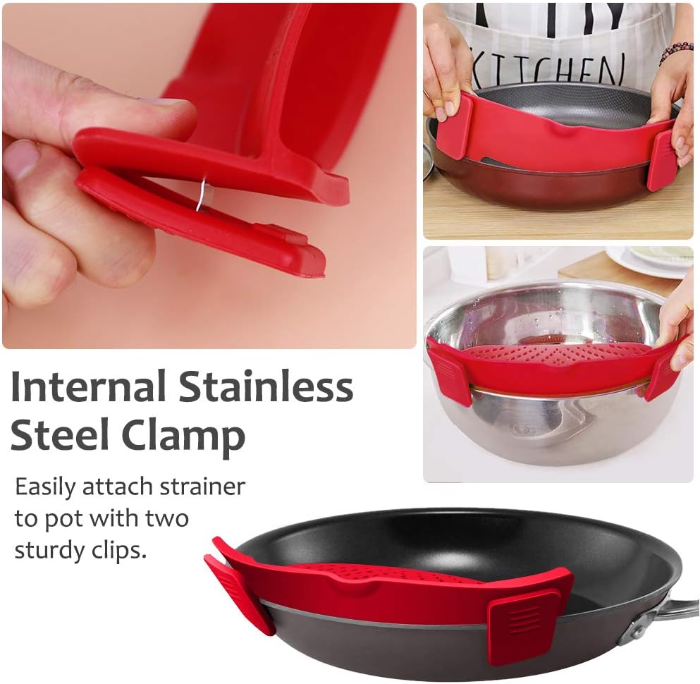 YEVIOR Clip-On Strainer for Pots and Pans, Hands-Free Silicone Food Strainer for Spaghetti, Fits All Bowls and Pots