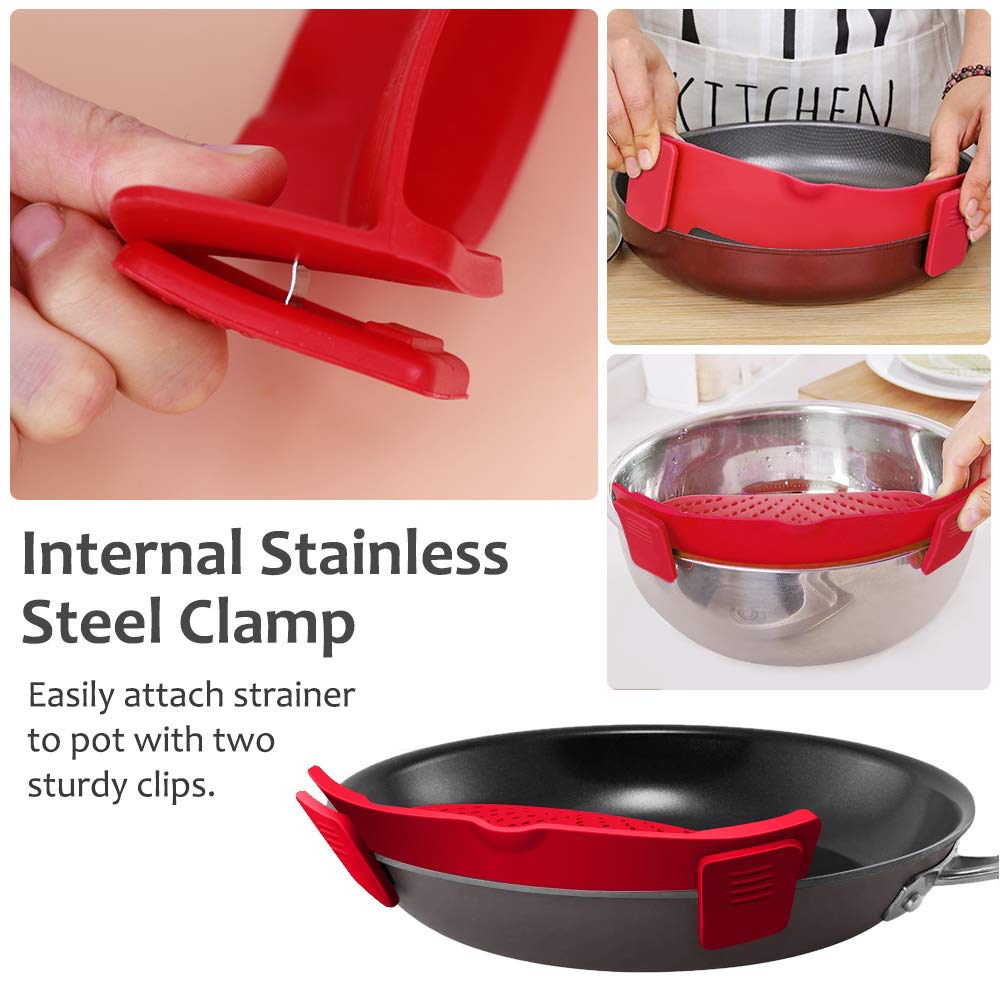 YEVIOR Clip on Strainer for All Pots Pan,Silicone Pasta Strainer Kitchen Gadgets,Collapsible Colander for Noodle,Vegetables,Fruit,Spaghetti (Grey)