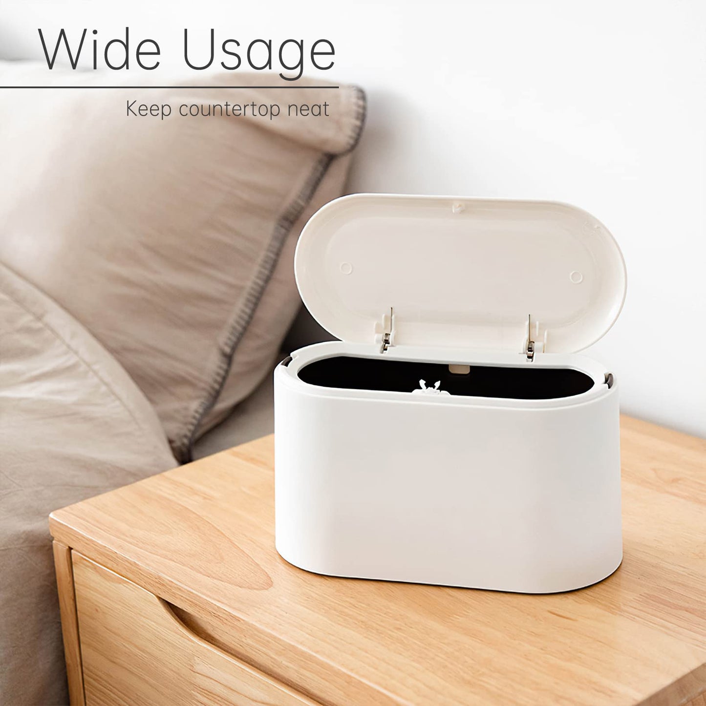MONGTINGLU Mini Trash Can with Lid Removable Small Garbage Can, Tiny Plastic Trash Bin, Pop Up Countertop Wastebasket, Counter Garbage Lint Bin for Bathroom,Office,Kitchen,Desk(White)