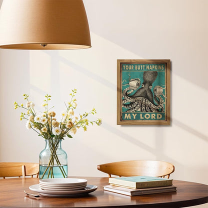 Octopus Nautical Bathroom Decor - Framed Funny Bath Picture | Beach-Themed Wall Art for Guest Bathrooms