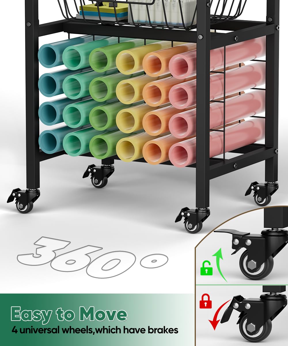 Queension Craft Cart with Wheels for Cricut Machines, Craft Organization and Storage Stand with Basket, Cutting Machine Stand for Cricut Accessories, Vinyl Roll Organizer, Black