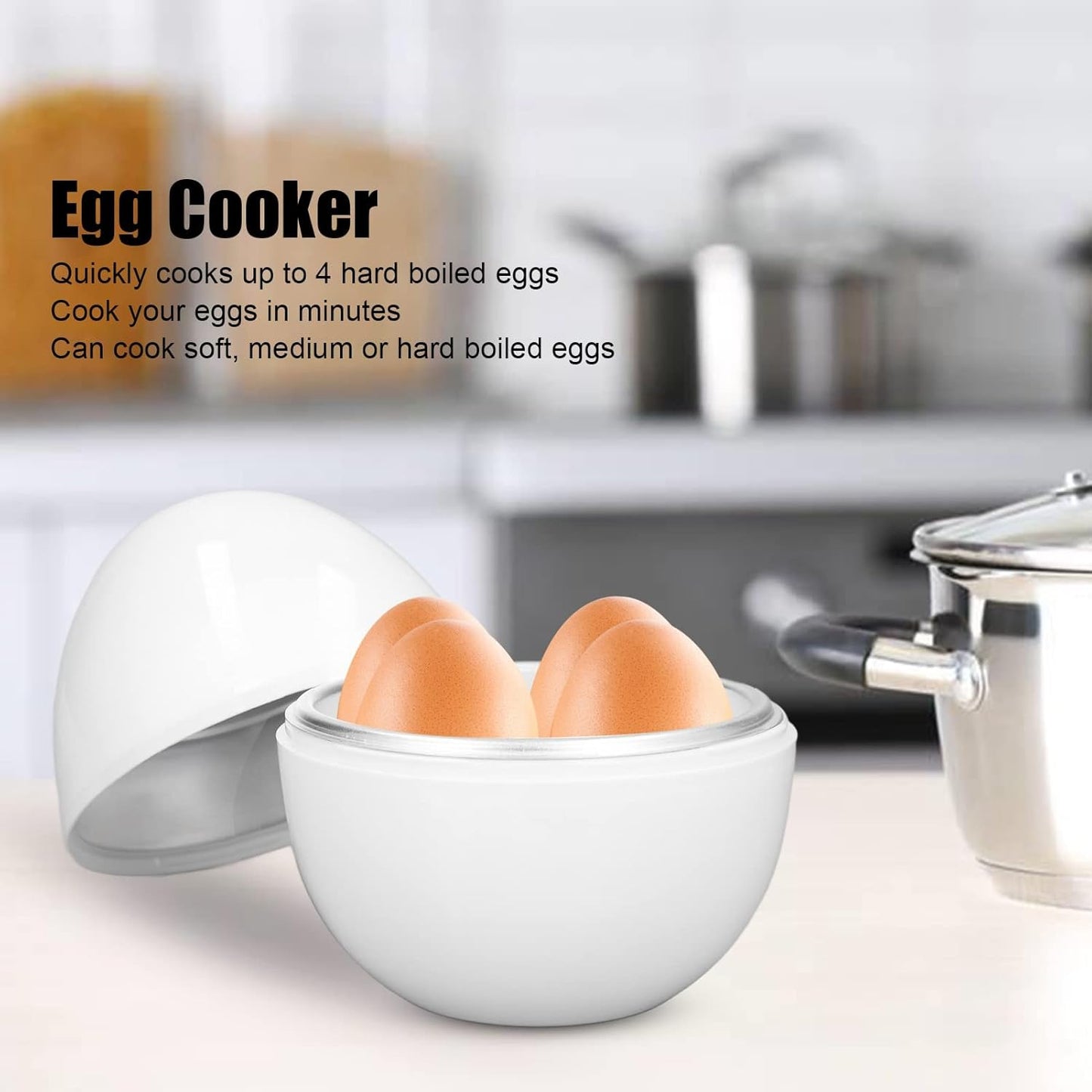 Rapid Egg Cooker, 4 Eggs Capacity Hard Boiled Cooker, Compact Design, ABS Material, Egg Shape, Microwave Function, White