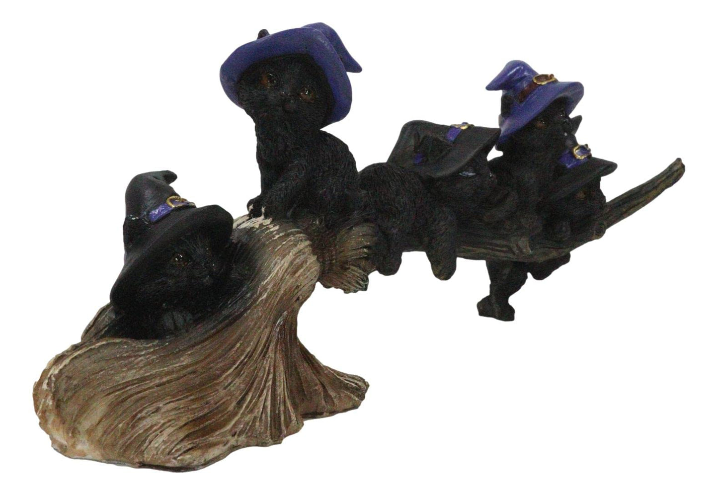 Ebros Gift Lifelike Witching Hour Halloween 5 Black Cats with Witch Hat Riding Long Magical Broomstick Figurine with Glass Eyes Witches Wicca Occult Feline Kittens Decor Figurine