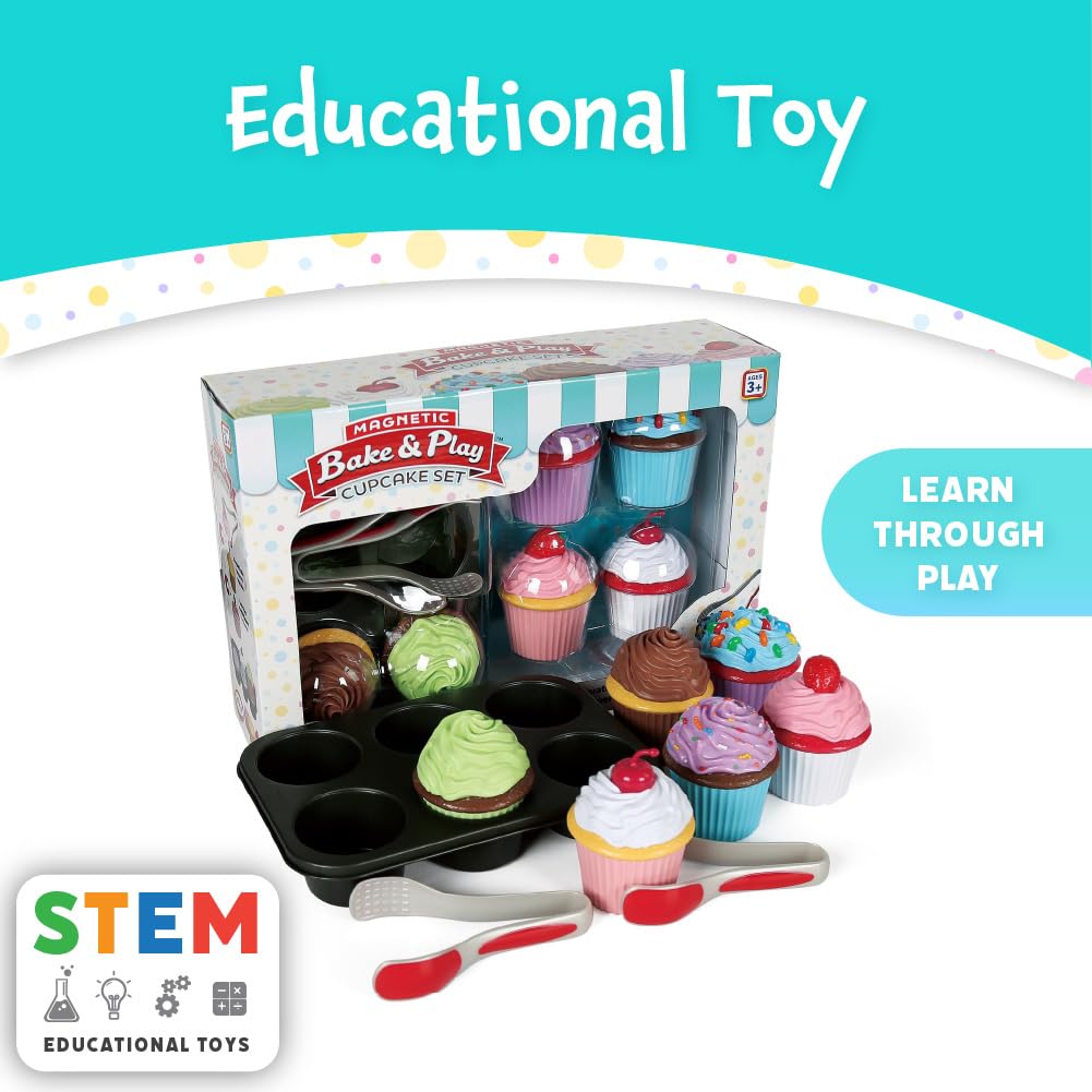 Popular Playthings Magnetic Bake & Play Cupcakes Toy Set, Pretend Cupcake Kitchen Kit for Kids, Gifts for Toddler Girls - 20 Pieces