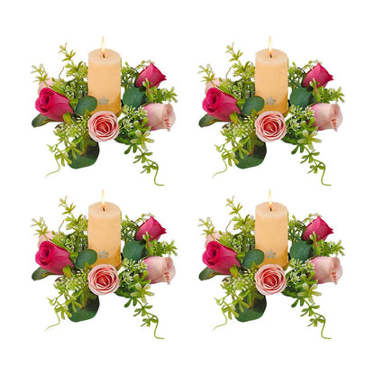 JOYWU 4-Pack Faux Rose Candle Rings, 9 in Artificial Flower Candle Wreaths with Pink Roses & Greenery, Floral Centerpiece Decor for Table, Fireplace Mantel, Wedding, Valentine's Day