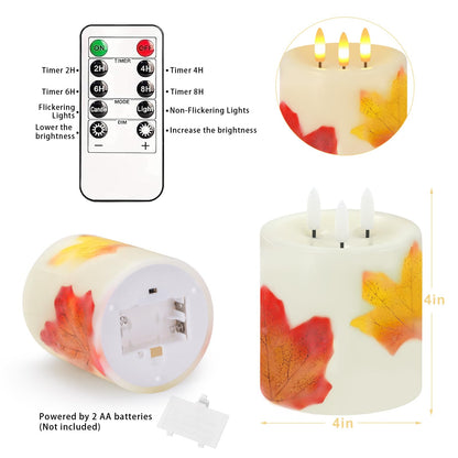 Large 3 Wick Flameless Candles, 4"x4" Flickering Maple Leaves LED Candles with Remote & Timer, Real Wax Electric Pillar Candles Battery Operated, Fall Candles for Thanksgiving Harvest Autumn Decor