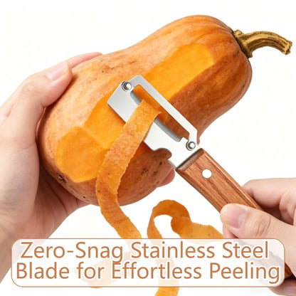 2 Pack Premium 2-in-1 Multi Functional Vegetable and Fruit Peeler with Bottle Opener, Wooden Handle, Stainless Steel Blade-Zero Snag, Smooth Glide Kitchen Tool for Potato, Carrot,Sugar Cane and More