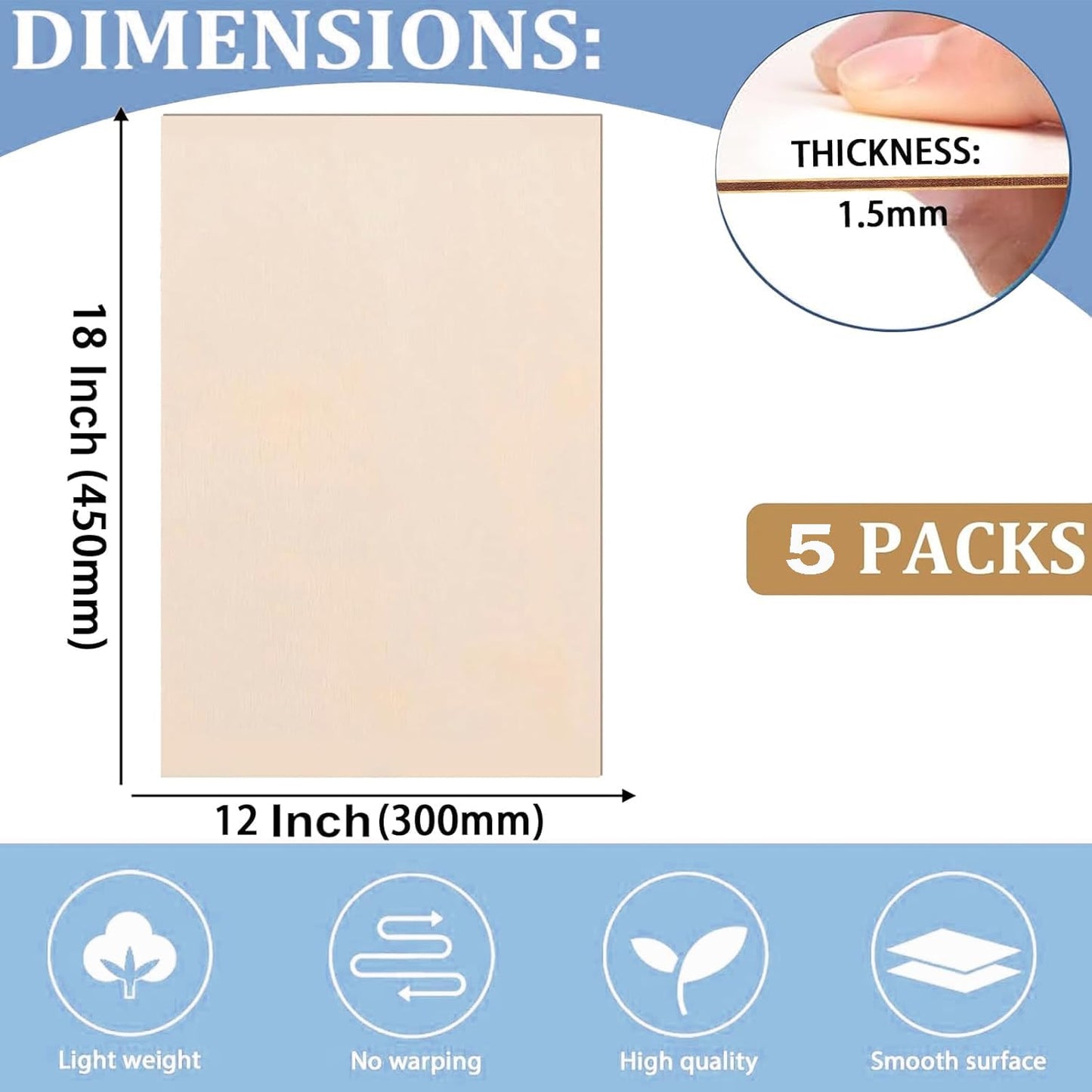 5 Pack 12"x18"x1/16 Basswood Sheets for Crafts- Thin Plywood Sheets - Balsa Wood Sheets -Unfinished Wood Boards for Painting,Laser Cutting,Engraving, Burning and CNC Cutting