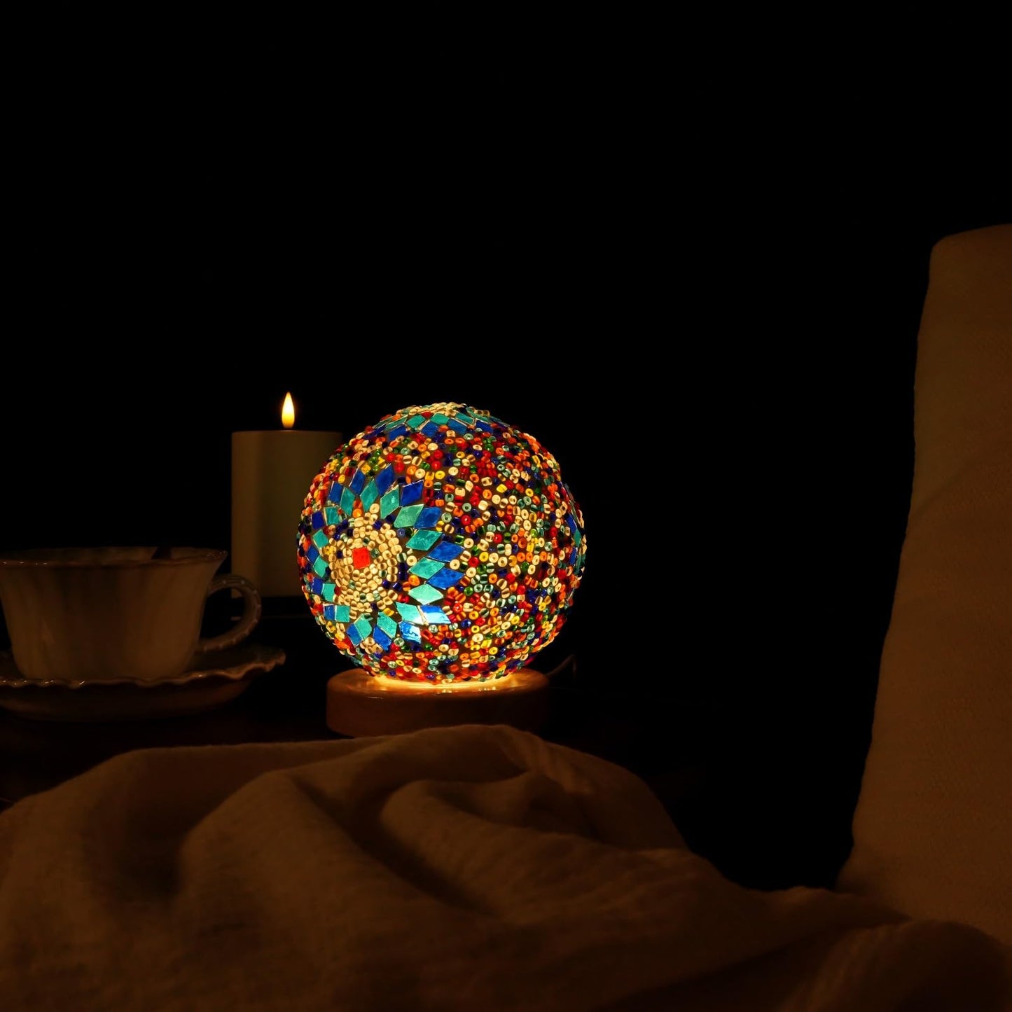 HAIDOLIANG Turkish Table lamp (D:4.7" x H:5.2"),Mosaic Glass Lamps with Wooden Base, Bohemian Tiffany Bedside Lamps, USB Power Moroccan Lantern for Living Room Decorations (Boho - Blue, Boho)