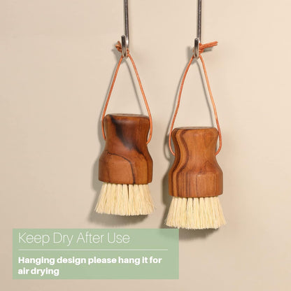 3PCS Set Teak Dish Scrub Brush by HTB, Good Grip Small Wooden Dish Brush with Teak Handle & Sisal Bristles for Kitchen