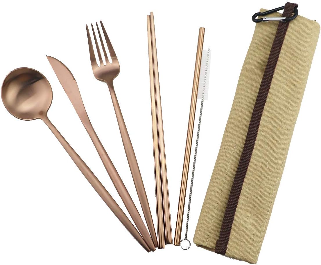 Reusable Travel Utensils, 7 Piece Portable 304 Stainless Steel Set with Pouch, Eco-friendly Camping Silverware
