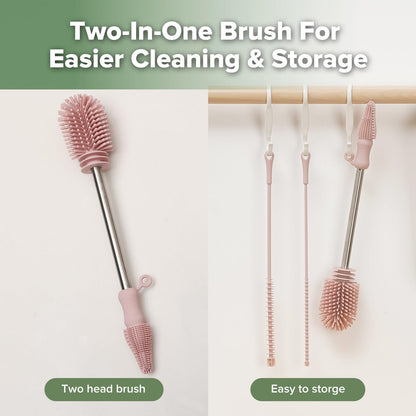 Haakaa Silicone Cleaning Brush Kit - Baby Bottle Brush Cleaner for Breast Pump,Nipple,Breast Milk Storage Bag,Reusable Straw,Sippy Cup - Food Grade Silicone Bristles, Portable - 3 Pcs - Pink