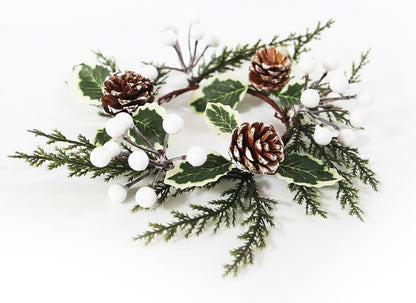 Regine Switzerland Christmas Greenery Candle Rings - 12 Pack with White Berries & Pine Cones | Festive Table Decor