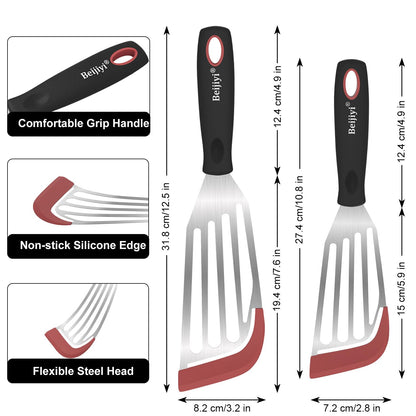 Beijiyi Fish Spatula Turner Set of 2, Heat Resistant Silicone Edge Slotted Fish Spatulas for Nonstick Cookware, Flexible and Thin Stainless Steel Kitchen Cooking Spatula Flipper for Fish, Egg, Pancake