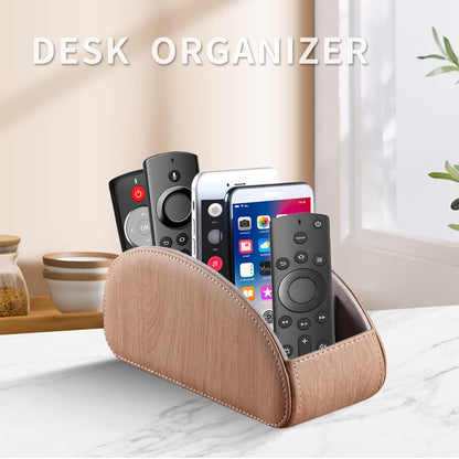 All-in-One Leather TV Remote Control Holder with 5 Compartments Nightstand Desktop Air Conditioner Media Player Remote Caddy Storage Box Organizer Tray For Makeup Brush Pen Stationary Table Controller