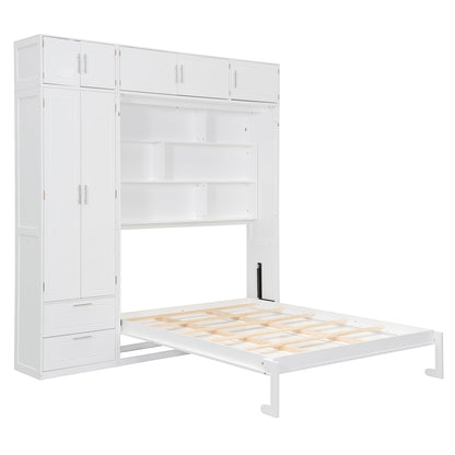 DNYN Murphy Bed Frame with Top Cabinets and Wardrobe for Bedroom/Guest Room/Home Office, Queen Size Foldable Wall Bed with Storage Drawers and Shelves, No Box Spring Needed