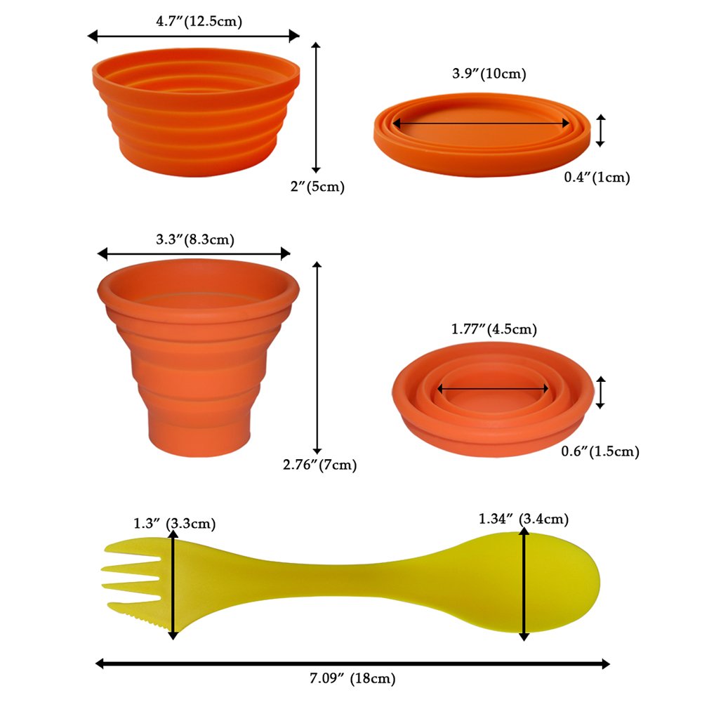 Ecoart Silicone Collapsible Bowl Cup Set with Spork for Outdoor Camping Hiking Travel - Set of 3