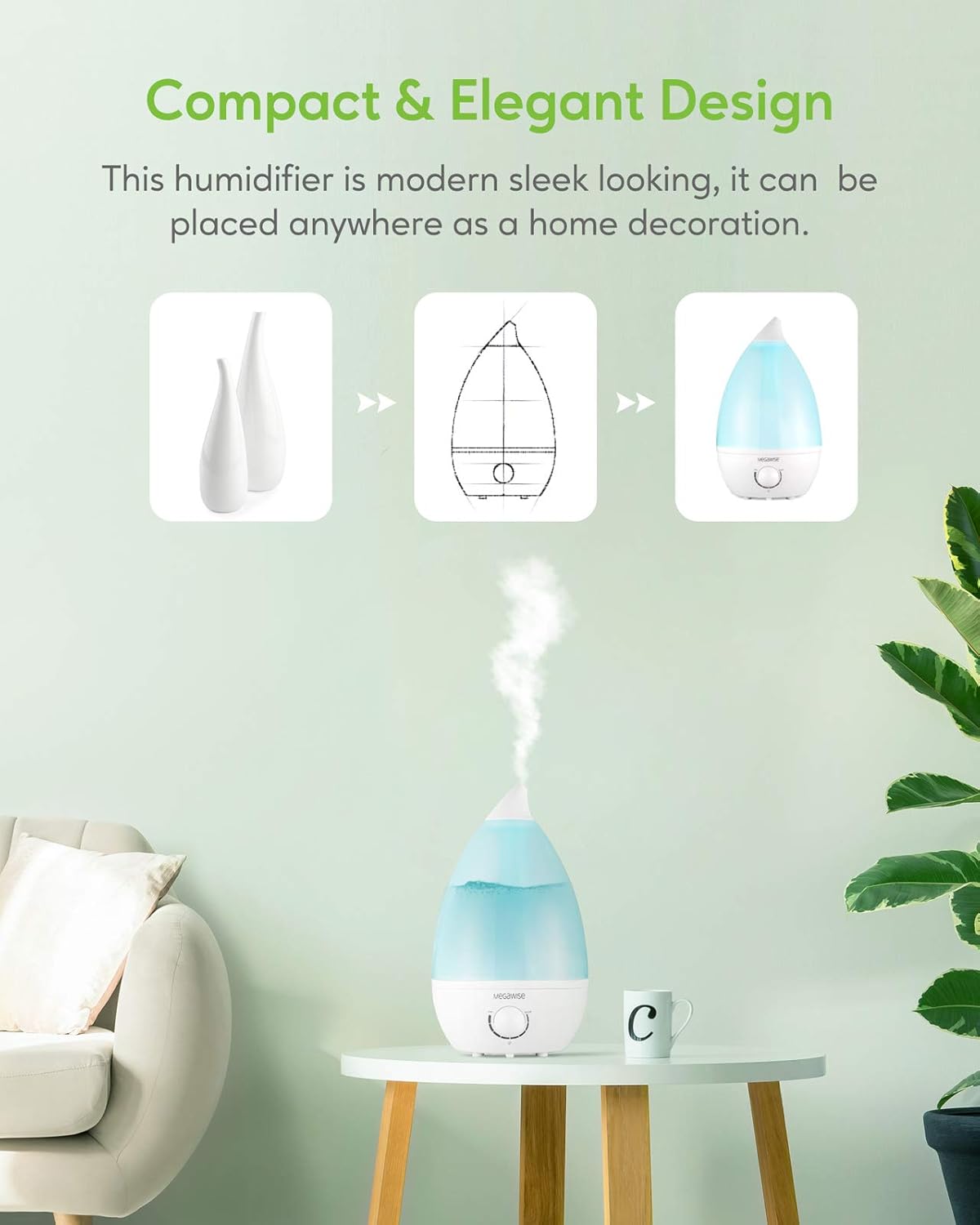 24dB Light,0.5 MegaWise Desktop Cool Mist Humidifiers for Bedroom, Ultrasonic Air Vaporize, Colorful Night Gal