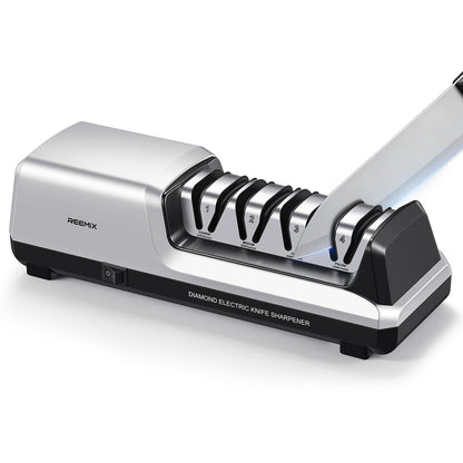 Reemix Electric Knife Sharpener with 4-Stage Sharpening (Repair, Coarse, Medium, Fine & Polish), 20° Fixed Angle, Non-Slip Base & Metal Shavings Collector for Kitchen Knives (Sliver)