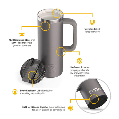RTIC 20oz Road Trip Travel Mug with Lid and Handle, Ceramic Lined, Insulated, Stainless Steel, Metal, Double Wall Vacuum-Insulation, Portable Coffee, Tea Cup for Hot and Cold Drink, Graphite