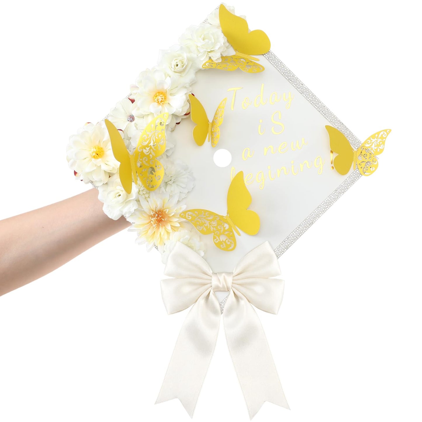 Vicenpal 29 Pcs Graduation Cap Decorations Kit DIY Grad Construction Paper with Artificial Flower Pearl Rhinestone Ribbon 3D Butterfly Alphabet Letter Stickers Satin Bow for Grad Cap DIY(Cream)