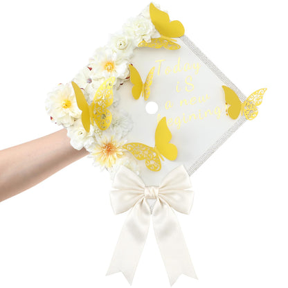 Vicenpal 29 Pcs Graduation Cap Decorations Kit DIY Grad Construction Paper with Artificial Flower Pearl Rhinestone Ribbon 3D Butterfly Alphabet Letter Stickers Satin Bow for Grad Cap DIY(Cream)