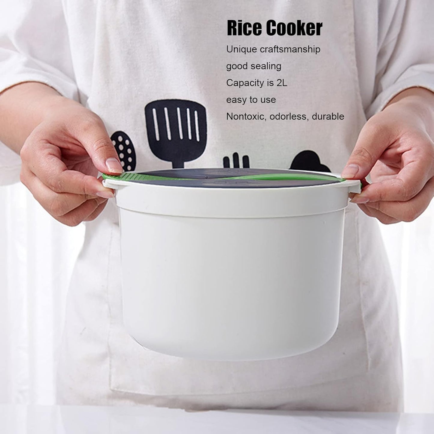 Microwave Rice Cooker Set, 2L Food Grade PP Material with Rice Spoon, Lid, Strainer, Steaming Pot (Green)