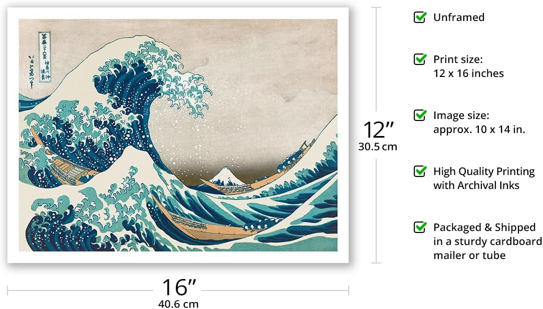 The Great Wave off Kanagawa Vintage Japanese Woodblock Print by Hokusai, 12x16in Bamboo Fine Art Paper