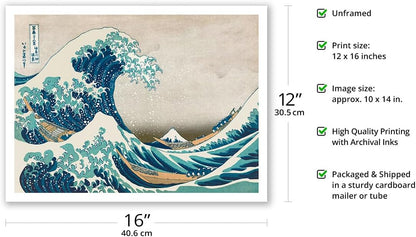 The Great Wave off Kanagawa Vintage Japanese Woodblock Print by Hokusai, 12x16in Bamboo Fine Art Paper