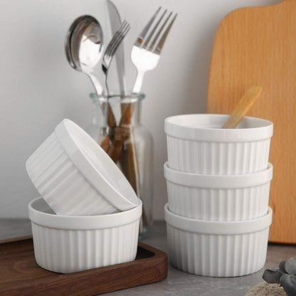 Porcelain Ramekins 4 oz Oven Safe, Small Souffle Dishes for Baking, Set of 6 Ceramic White Mini Bowls