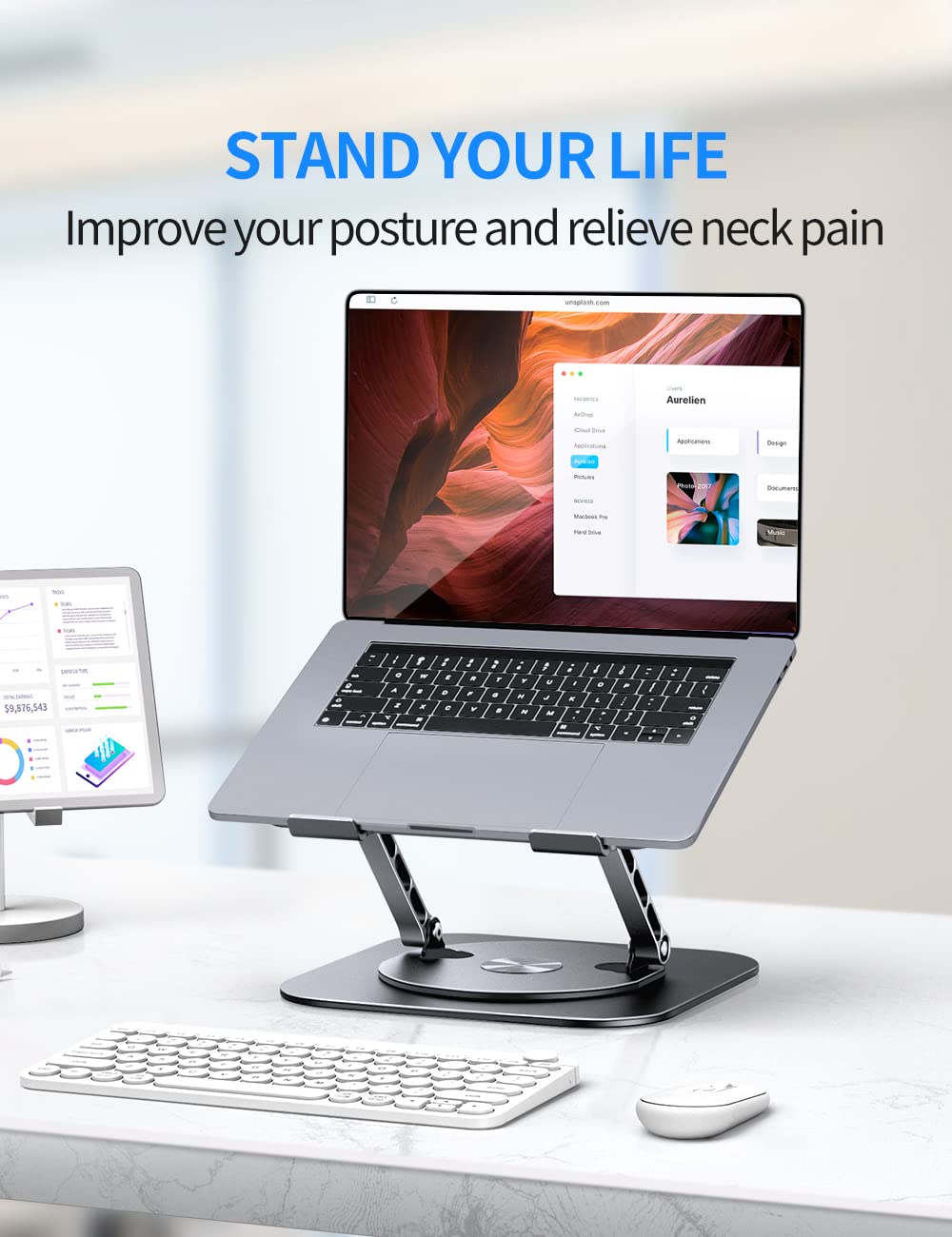 Adjustable Computer Stand with 360 Rotating Base, Ergonimic Foldable Laptop Riser for Desk Compatible with MacBook Pro/Air Notebook up to 16 Inches, Silver