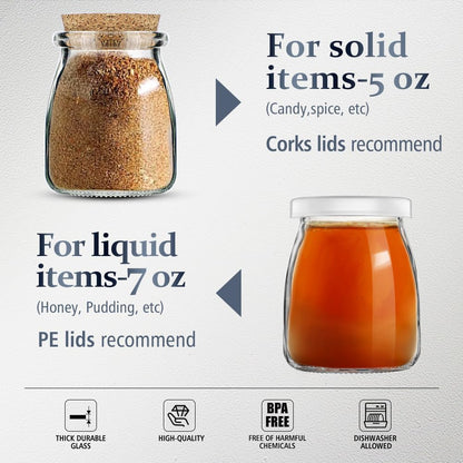 7oz 20 Pack Folinstall Small Glass Jars with Cork Lids, Yogurt Container with PE Lids for Candy, Cake, Pudding, Yogurt