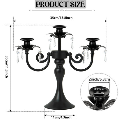KEHAIL Metal 3 Arm Candelabra with Crystal Pendants - 11.8 Inch Tall Candle Holders, Set of 2 - Elegant Taper Candlestick Stand for Wedding, Dining Table, Christmas Party Home Decoration (6, Black)