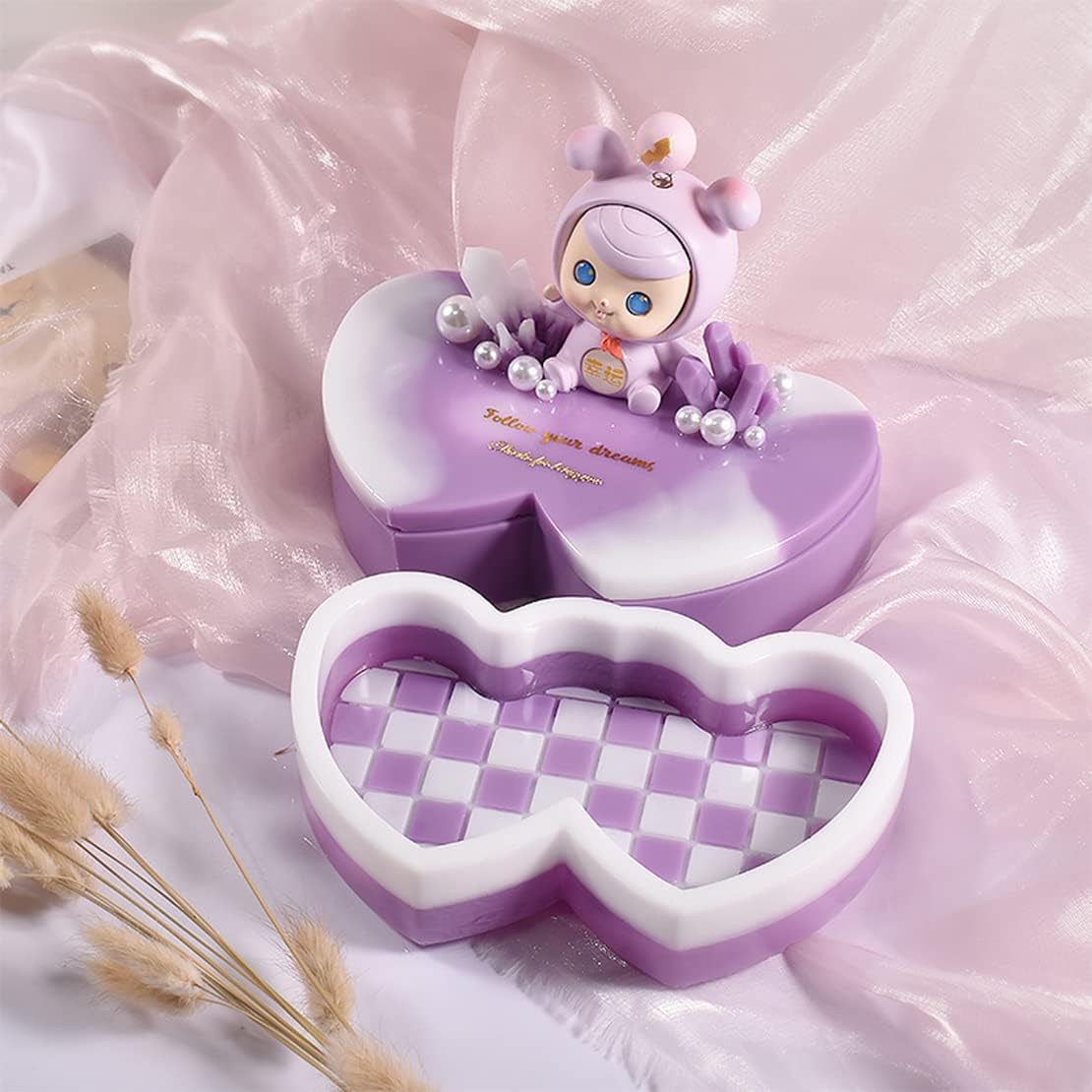 DeryArcle 2Pcs Double Heart Box Resin Mold Jewelry Case Silicone Molds with lid Trinket Storage Mould Container Epoxy Resin Casting Moulds for DIY Cosmetic Candy Organizer Craft Home Decor