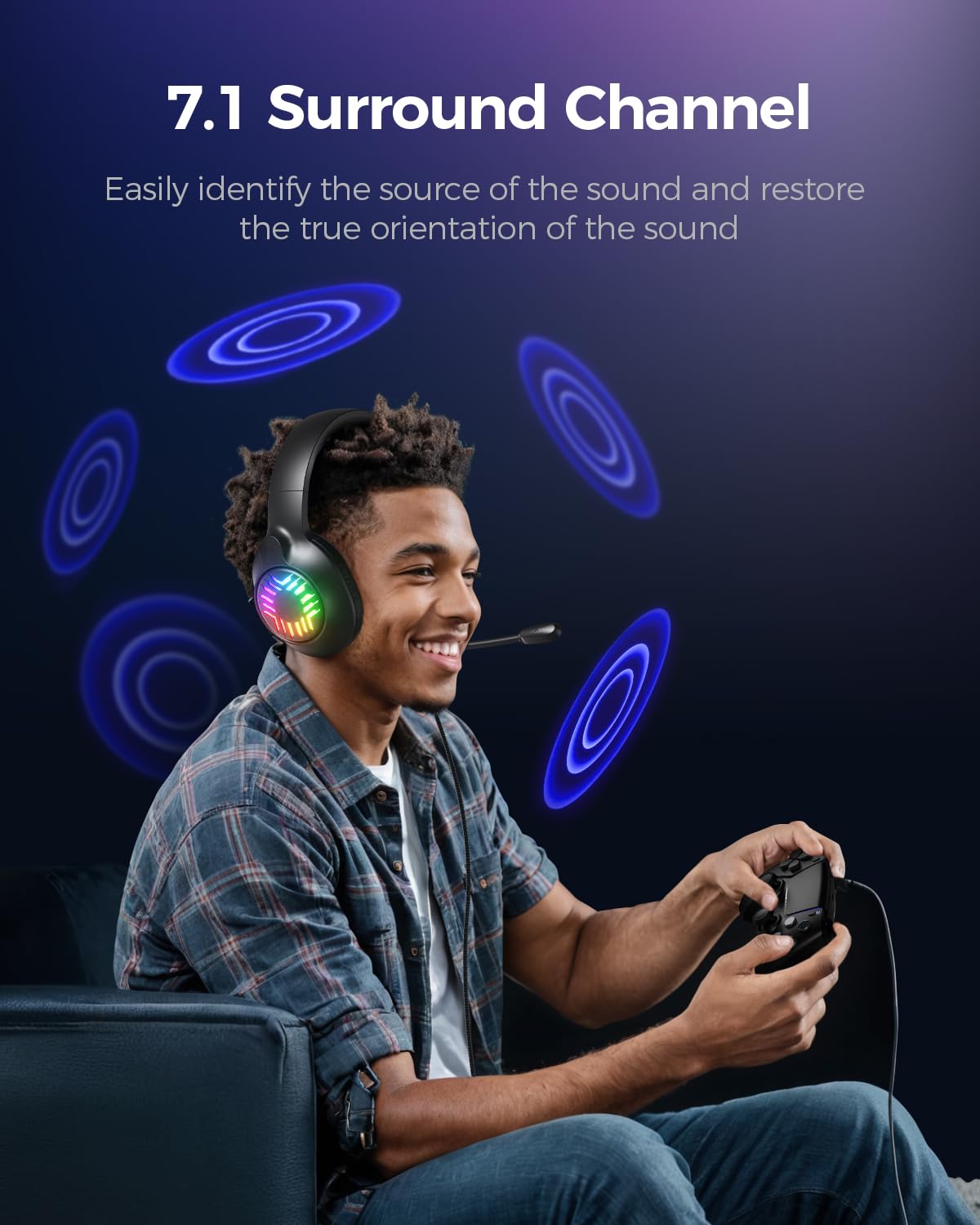 OLANRUN Stereo Gaming Headset, Wired Gaming Headphones Over Ear, Noise Cancelling Mic, 9 Colors Gradient RGB Ligh, Soft Memory Earmuffs for PC, Xbox One/Series PS5 PS4 Controllers, Nintendo (Black)