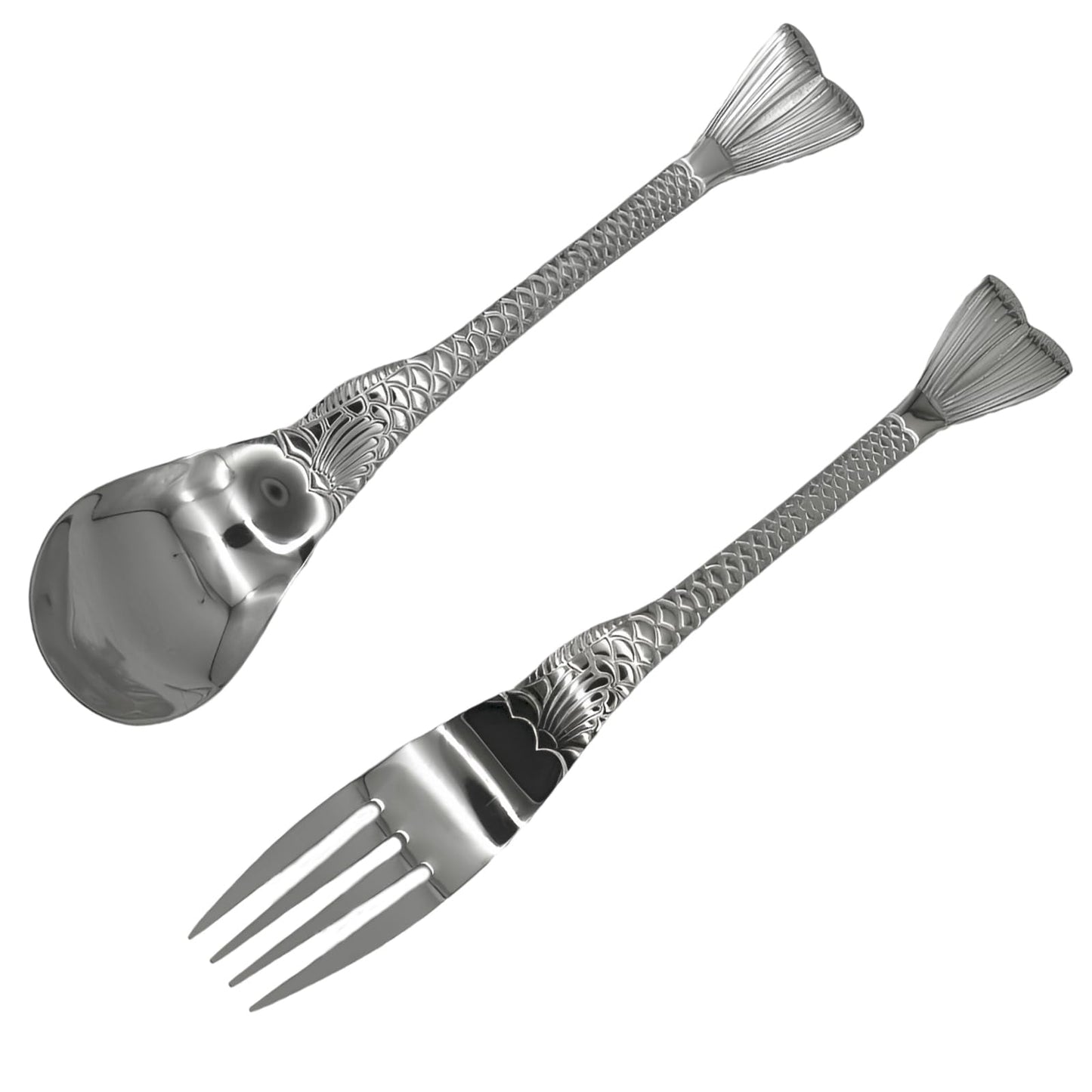 Pinenjoy 2Pcs Fishtail Handle Spoon and Fork Silver 18/10(304) Stainless Steel 7.5inch Asian Soup Spoon Dinner Fork Set for Porridge Cereal Salad Spaghetti
