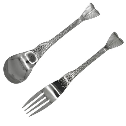 Pinenjoy 2Pcs Fishtail Handle Spoon and Fork Silver 18/10(304) Stainless Steel 7.5inch Asian Soup Spoon Dinner Fork Set for Porridge Cereal Salad Spaghetti