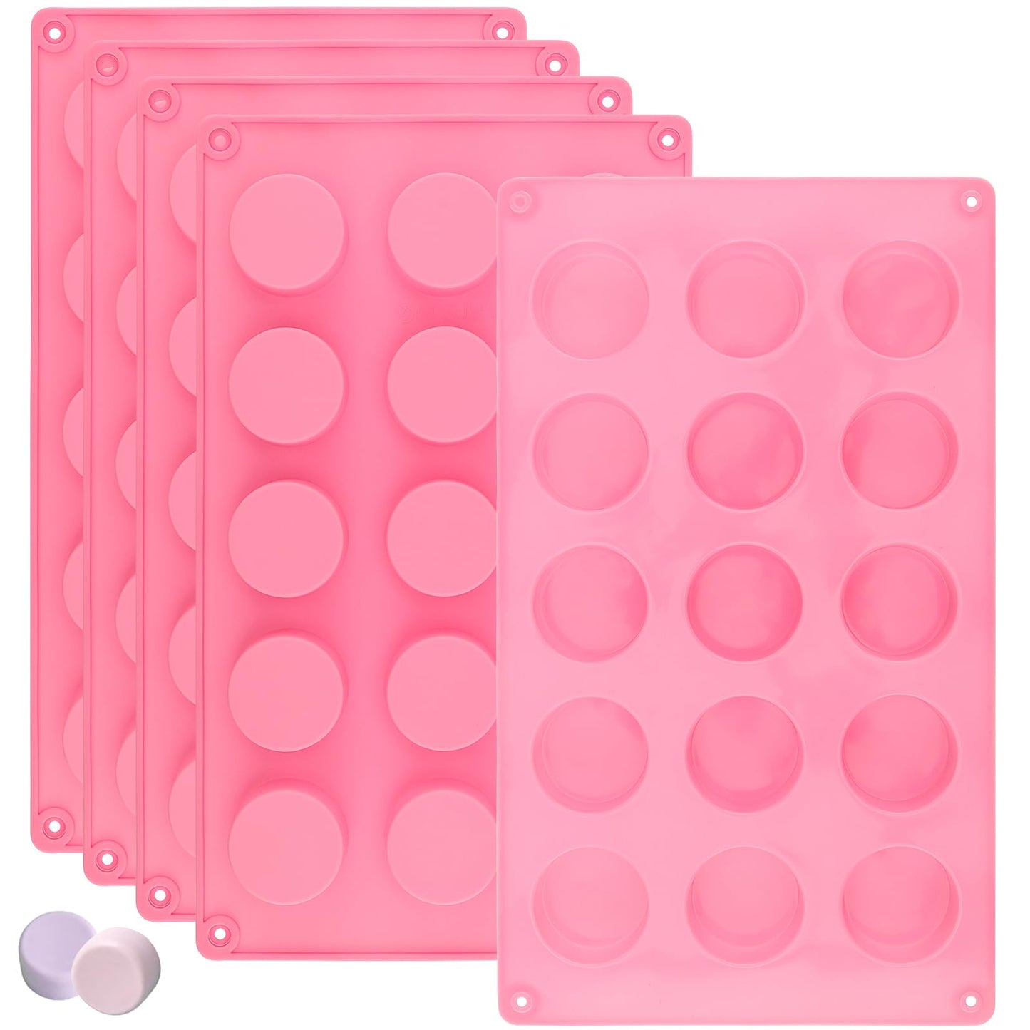 ZOENHOU 5 Pack 15 Cavity Round Silicone Soap Molds, Pink Cylinder Silicone Soap Mold for Soap Making Loaf DIY Handmade Craft, Bath Bombs, Chocolate