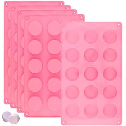 ZOENHOU 5 Pack 15 Cavity Round Silicone Soap Molds, Pink Cylinder Silicone Soap Mold for Soap Making Loaf DIY Handmade Craft, Bath Bombs, Chocolate
