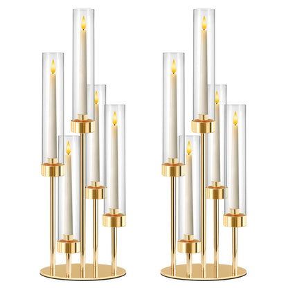 KEHAIL 5-Arm Black Metal Table Candelabra Centerpiece, 22" Tall Clear Candlesticks Holder with Shade for Valentines Day Events Party Table Centerpiece,Fit LED Candles (2, Gold, S-22 in)