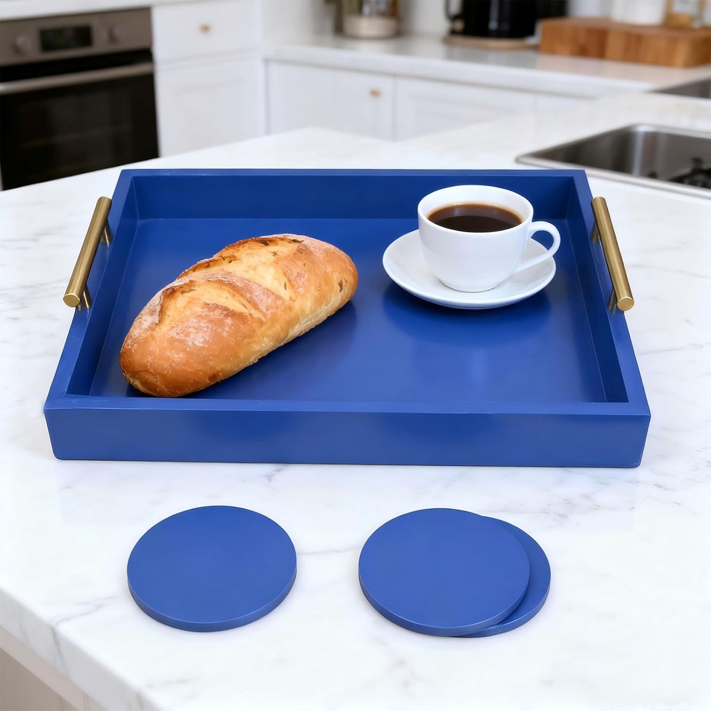 16.5X 13Deluxe 4 Serving Tray Wooden Ottoman Tray for Coffee Table with Polished Goldr Metal Handles and Coasters