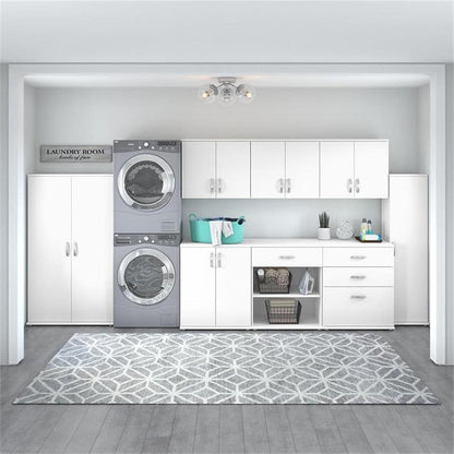 Maklaine Engineered Wood Laundry Room Cabinet, 28W x 25D x 34H, White Finish, Adjustable Shelves, 2 Doors with Euro Hinges, Freestanding Utility Storage for Laundry Room Organization