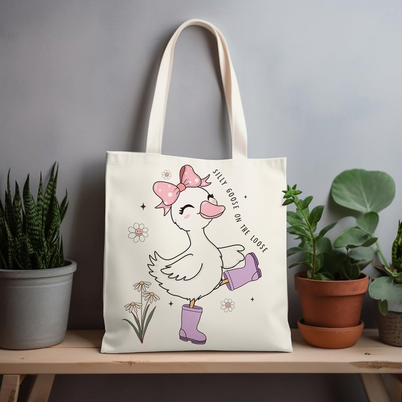 Silly Goose Canvas Tote Bag With Inner Pockets,Cute Reusable Bag for Lunch Grocery Shopping and Beach,Women Lady Canvas Cotton Tote,Birthday Gifts for Goose Lovers