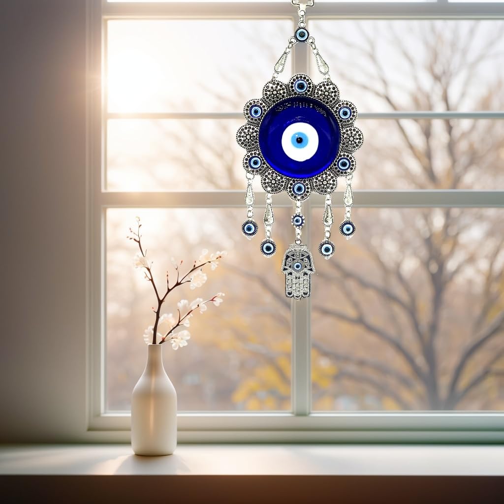 Blue Evil Eye with Hamsa Hand Protection Wall Hanging Ornament Decor Sunflower Design (with a Betterdecor Pouch)-006