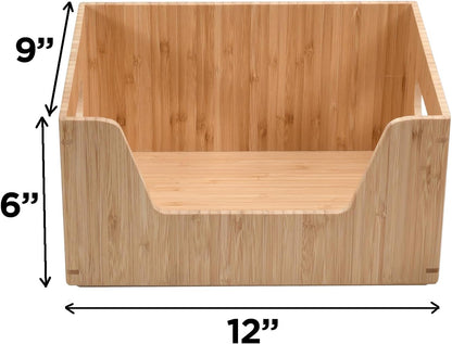 MobileVision Bamboo Storage Box, Open Front Stackable Bin Organizer for Kitchen Pantries, 12 x 9 x 6 inches