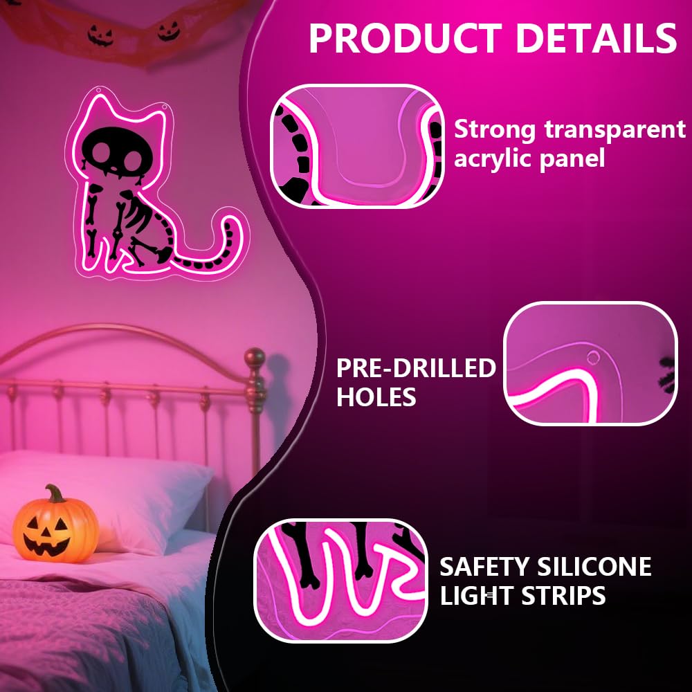 Cat Neon Sign,Pink Dimmable LED Light Signs for Wall Art Decor,Halloween Backdrop for Bedroom Club Party,Animal Gift for Boys Girls Teen USB Powered（11.8"*11.6"）